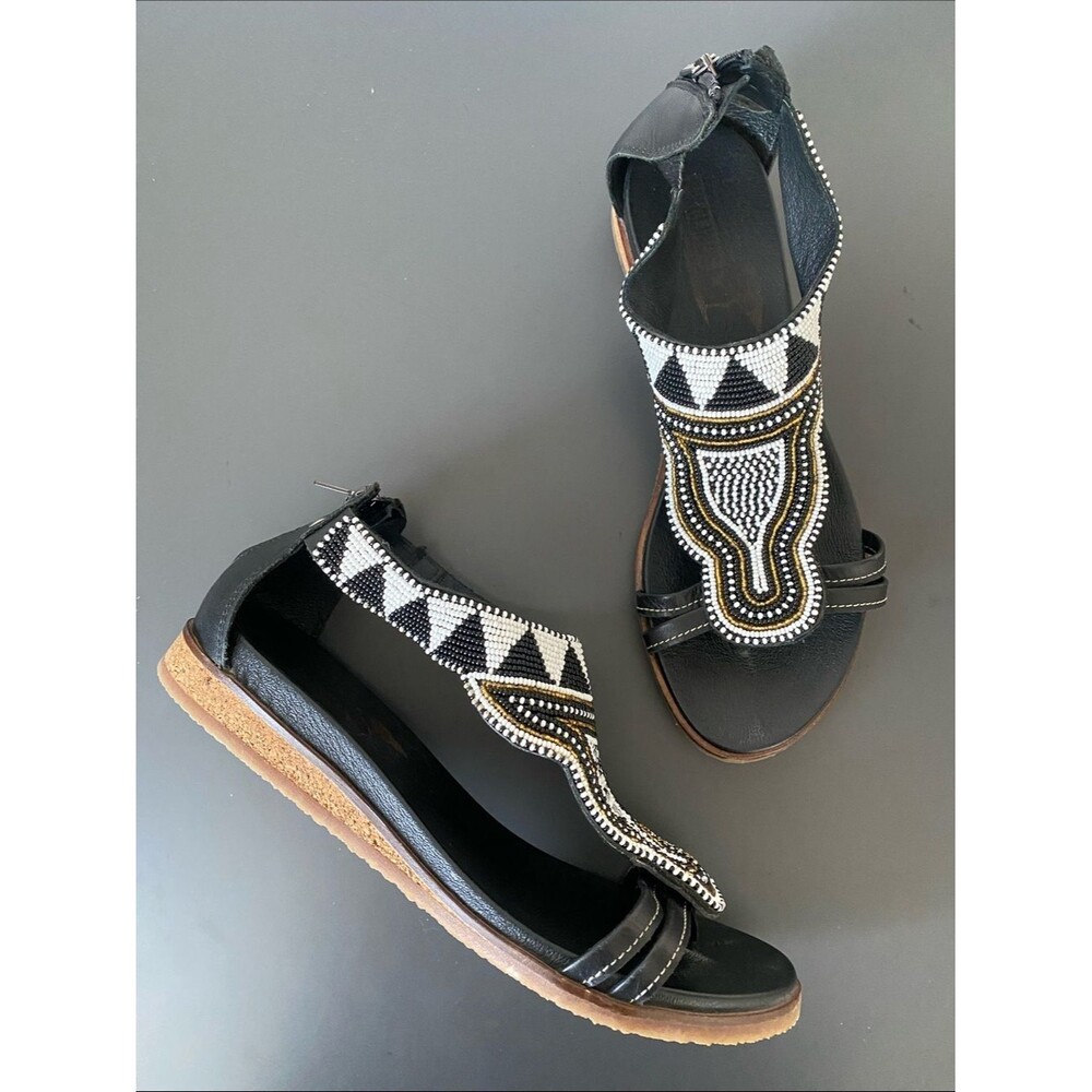 Pikolinos Antilles Sandals Black Leather Beaded Maasai Thong US 7.5-8 Boho Chic